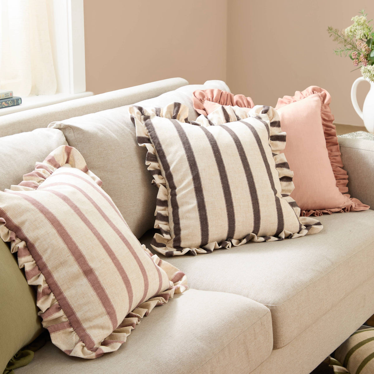 Square Striped Ruffle Cushion Cover - Clay Pink