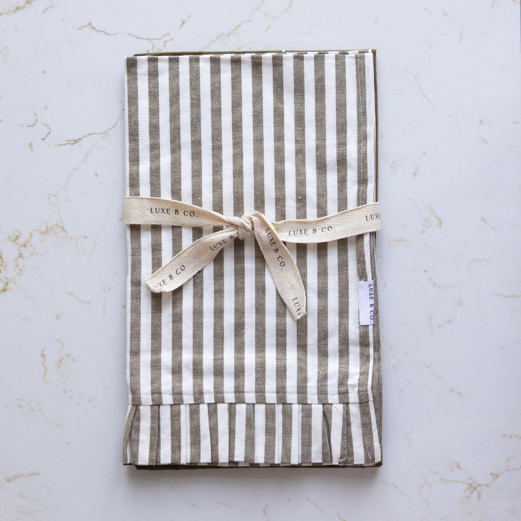 Olive Green & White Stripes Ruffle Kitchen Dish Towel