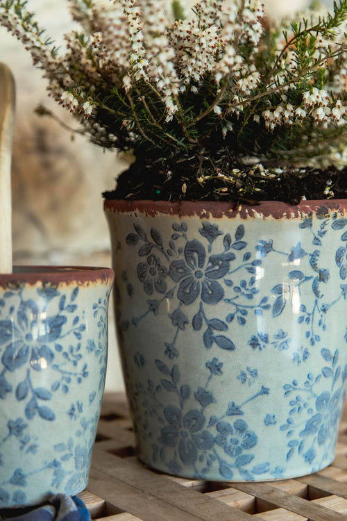6.5 INCH POT WITH BLUE FLORAL PATTERN