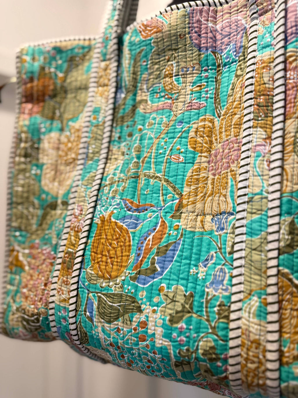 Handmade Block Printed and quilted floral tote bag