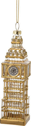 Glass Big Ben ornament, clear w/ fine gold detail