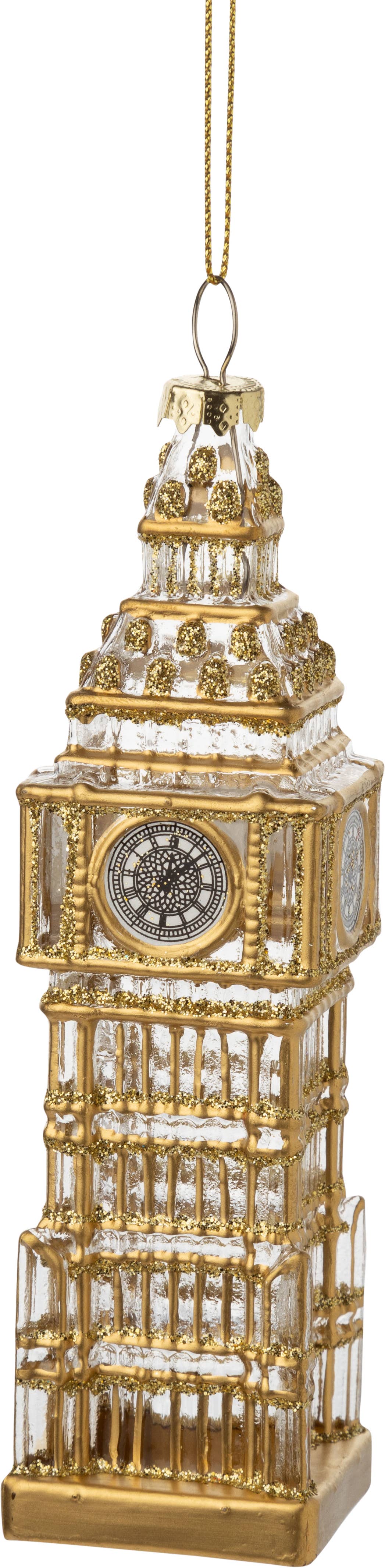Glass Big Ben ornament, clear w/ fine gold detail