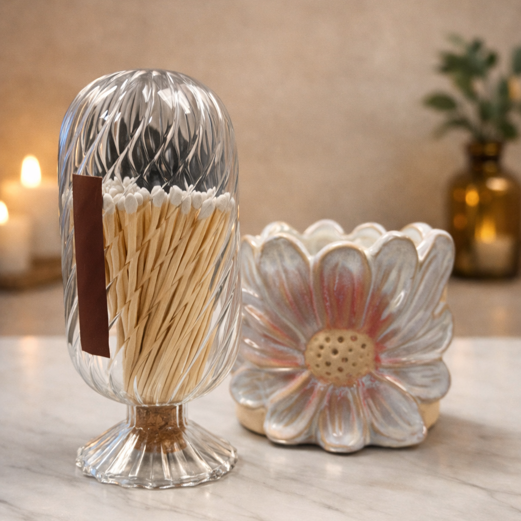 Cloche Match Holder with White-Tip Matches – Clear Swirl Glass Vessel with Side Striker