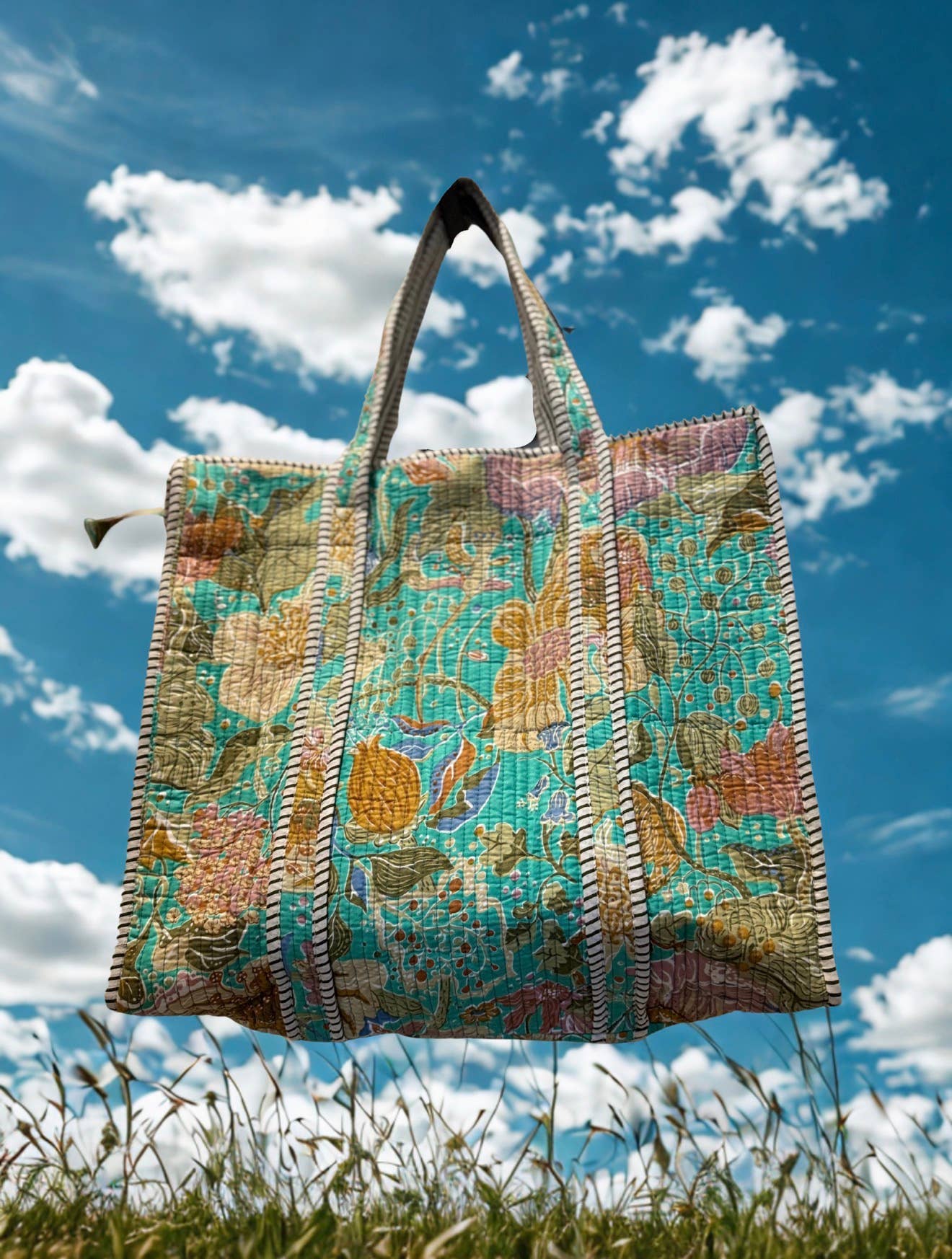 Handmade Block Printed and quilted floral tote bag