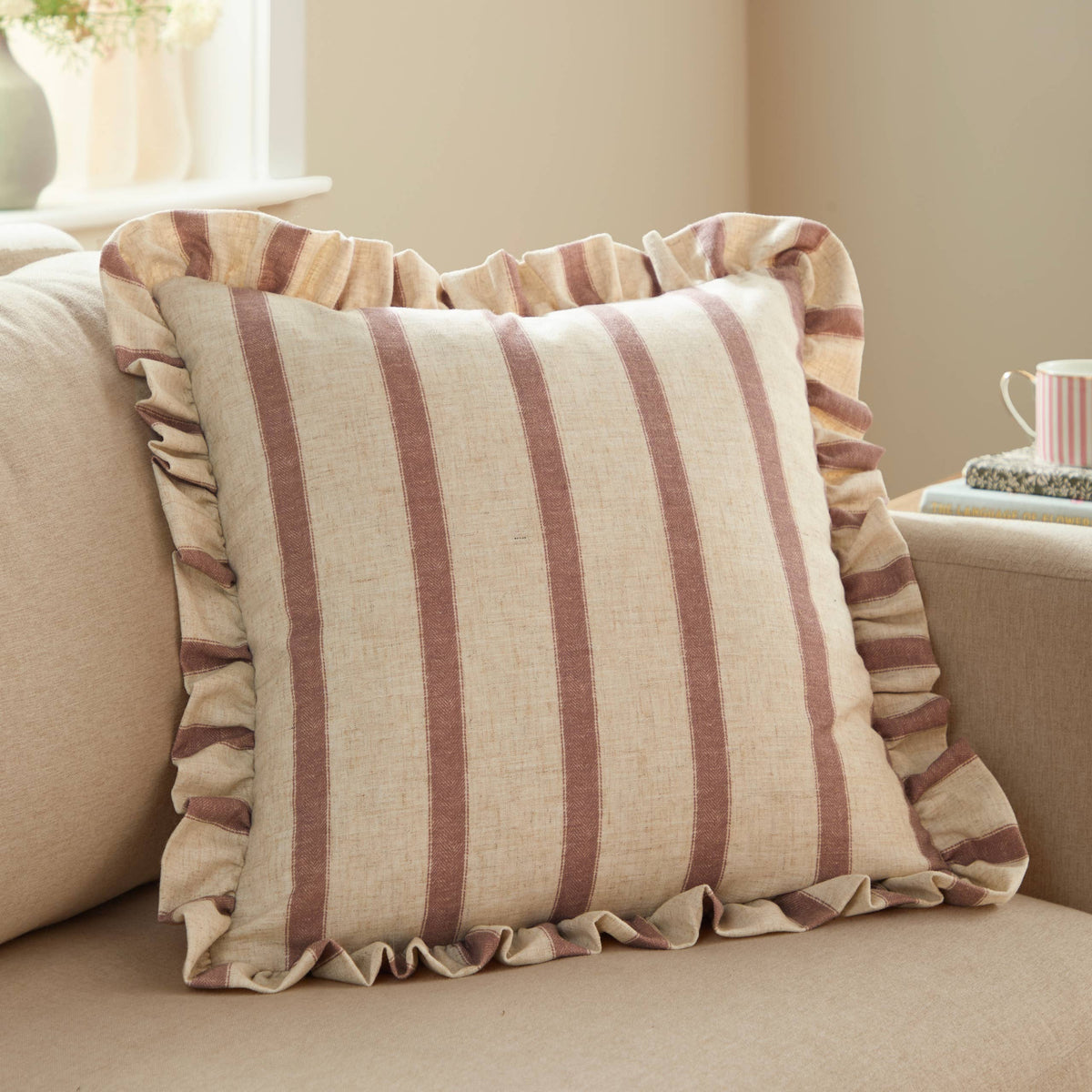 Square Striped Ruffle Cushion Cover - Clay Pink