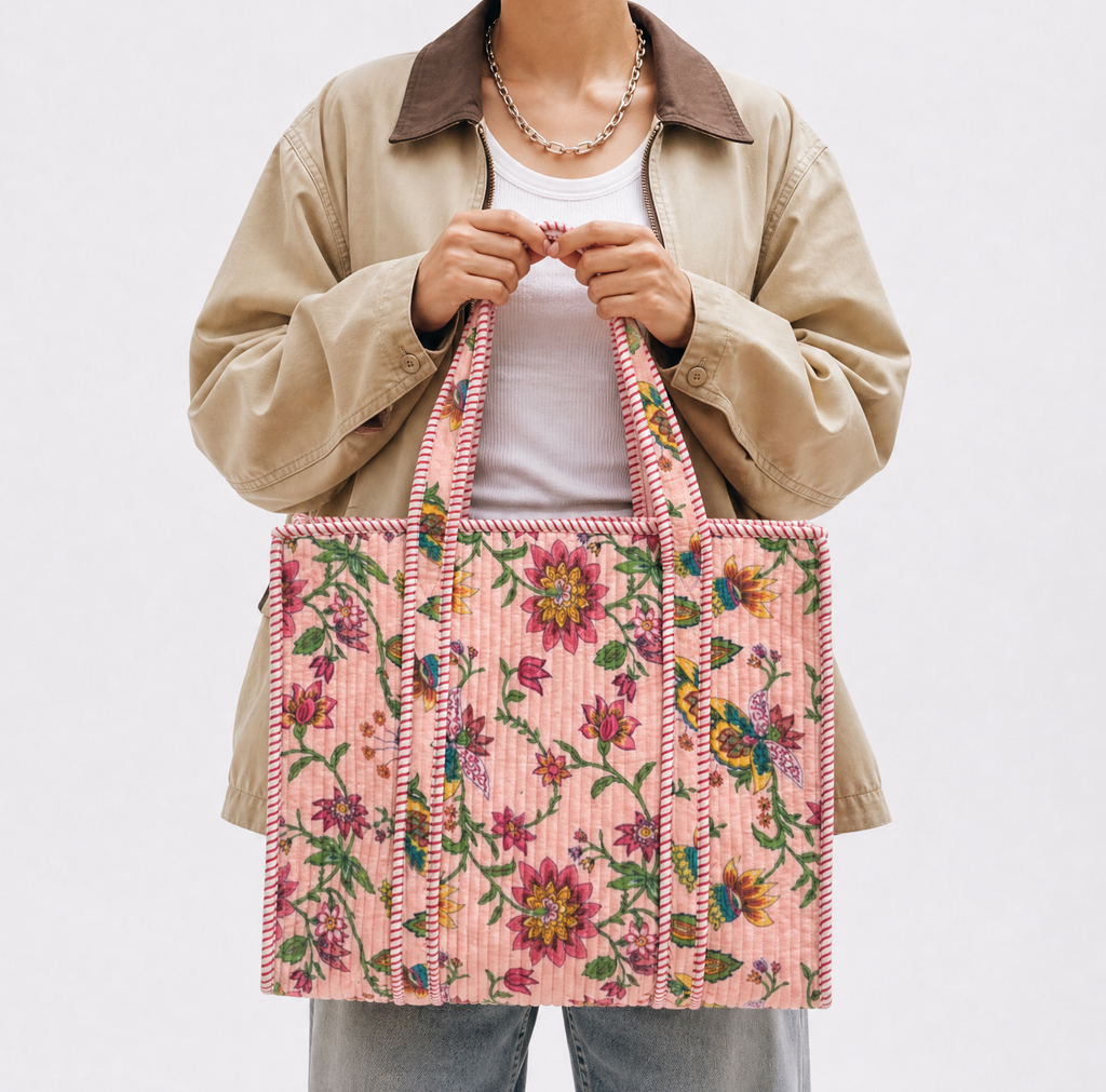 Block Printed and Handmade floral tote bag