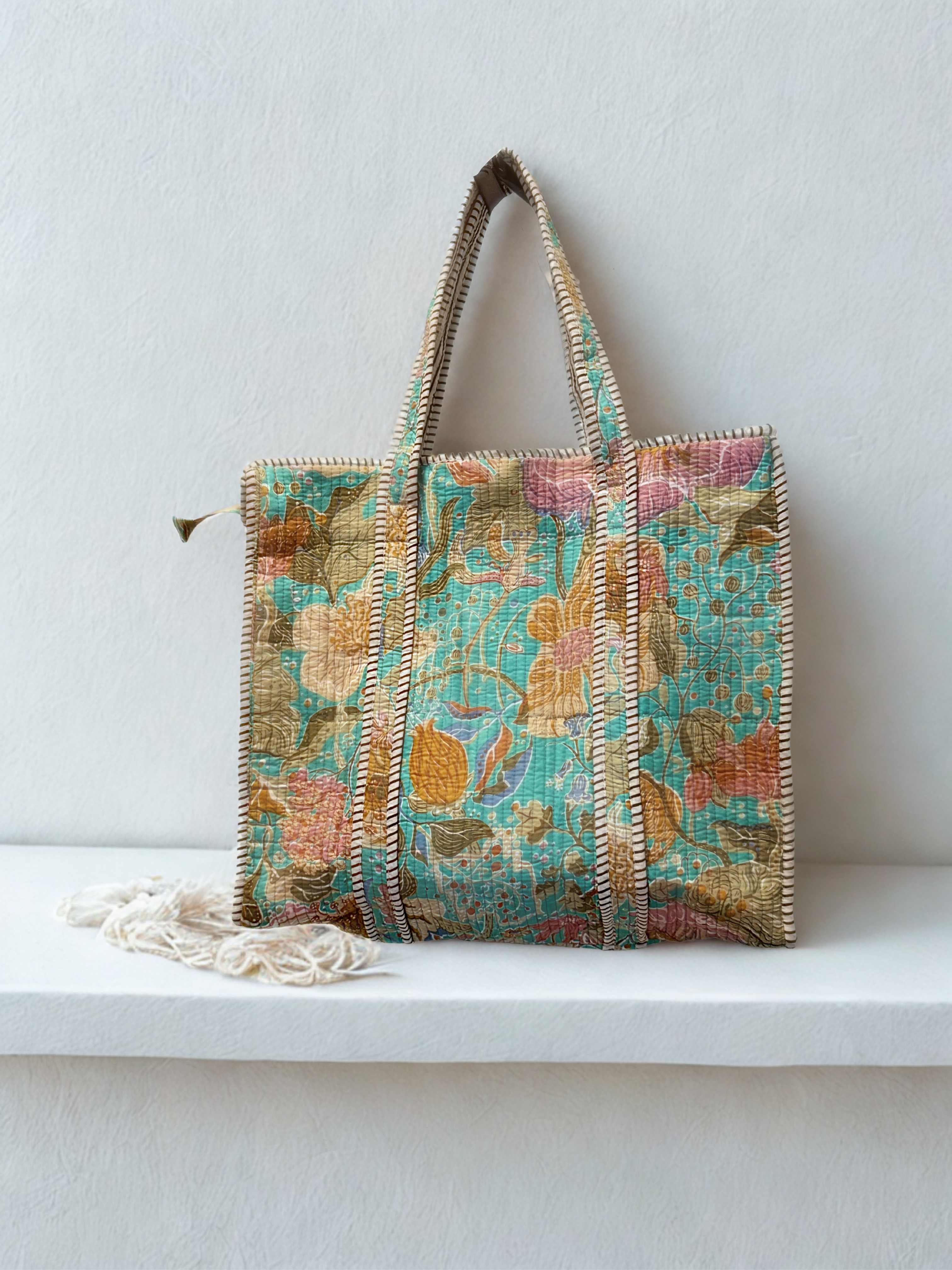 Handmade Block Printed and quilted floral tote bag