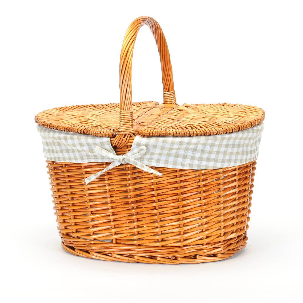 OVAL WILLOW PICNIC BASKET TWO LIDS FABRIC LINER O/H