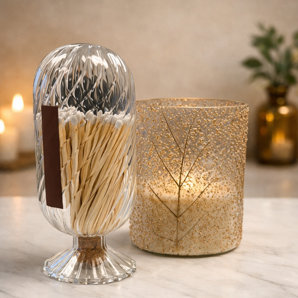 Cloche Match Holder with White-Tip Matches – Clear Swirl Glass Vessel with Side Striker