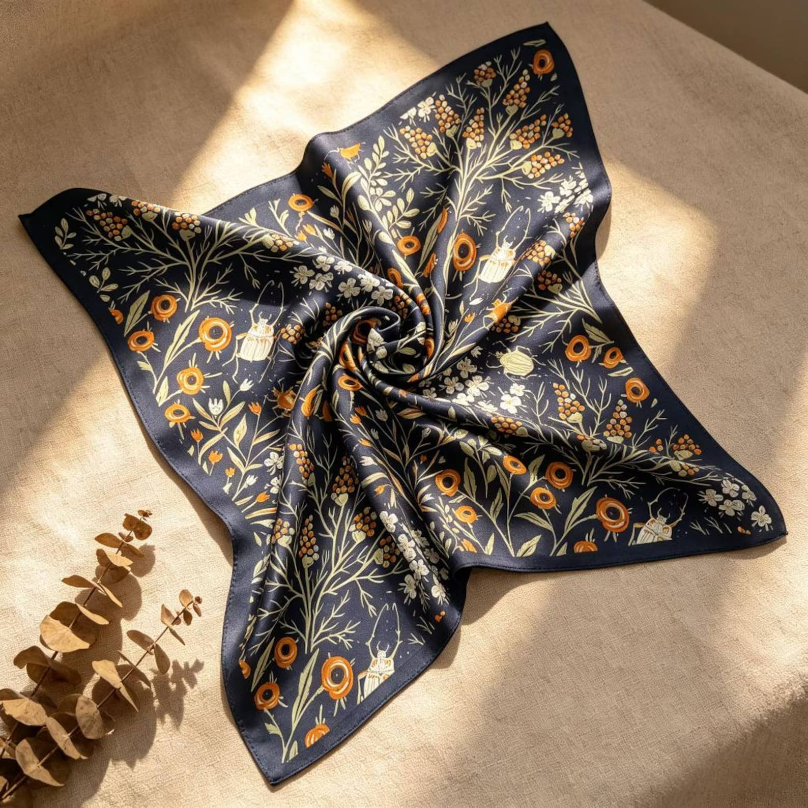 Navy Wildflower Silk Scarf | 100% Mulberry Silk